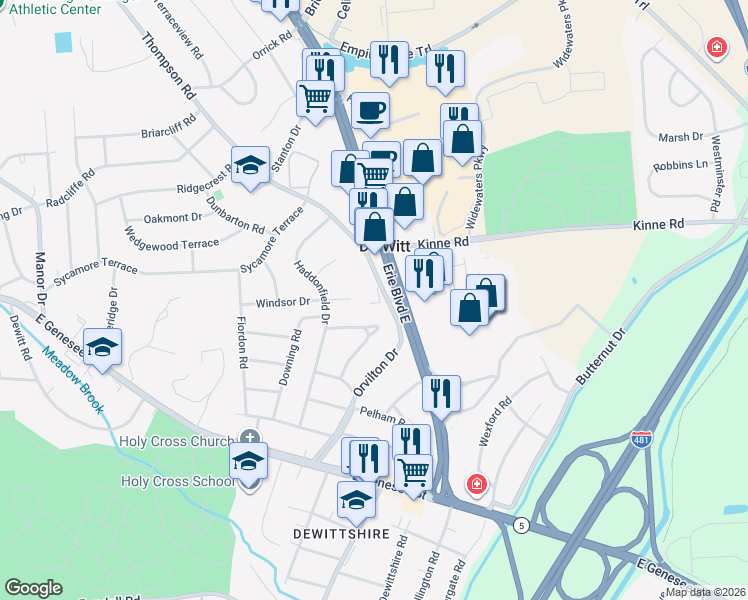 map of restaurants, bars, coffee shops, grocery stores, and more near 5589 Thompson Road in Syracuse