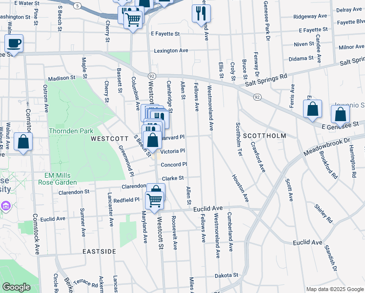 map of restaurants, bars, coffee shops, grocery stores, and more near 121 Victoria Place in Syracuse
