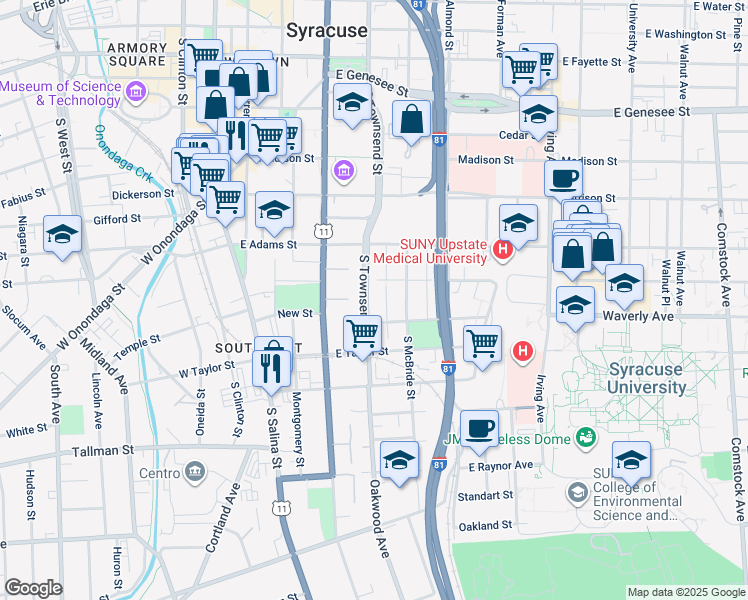map of restaurants, bars, coffee shops, grocery stores, and more near 212 Chavez Terrace in Syracuse