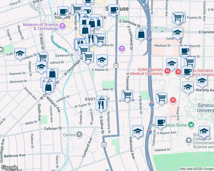 map of restaurants, bars, coffee shops, grocery stores, and more near in Syracuse