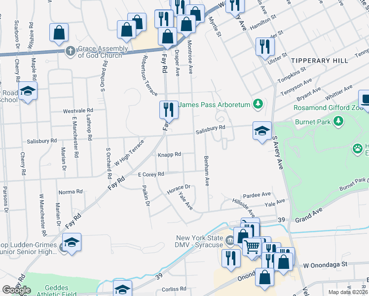 map of restaurants, bars, coffee shops, grocery stores, and more near 105 Knapp Road in Syracuse