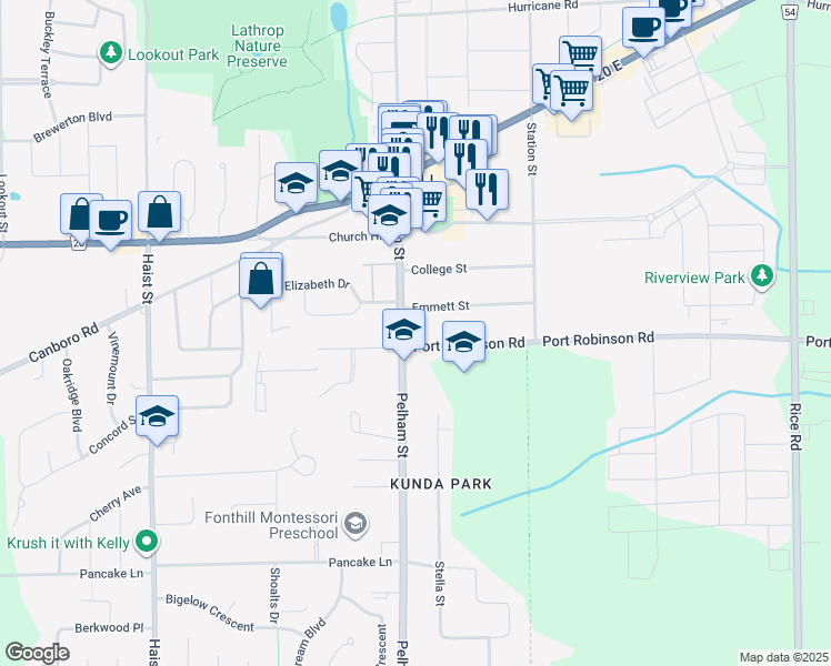 map of restaurants, bars, coffee shops, grocery stores, and more near 1341 Pelham Street in Pelham
