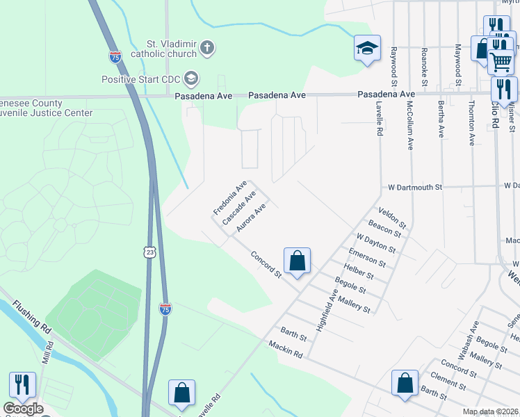 map of restaurants, bars, coffee shops, grocery stores, and more near 3529-3607 Caco Street in Flint