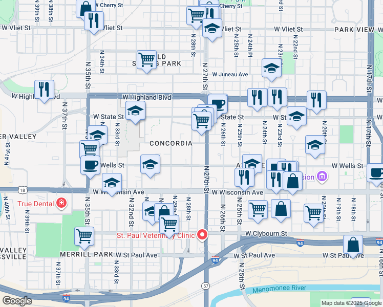 map of restaurants, bars, coffee shops, grocery stores, and more near 831 North 28th Street in Milwaukee