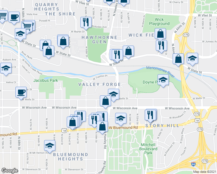 map of restaurants, bars, coffee shops, grocery stores, and more near 5629 West Valley Forge Drive in Milwaukee