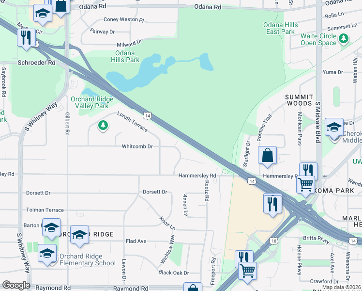map of restaurants, bars, coffee shops, grocery stores, and more near 4930 Whitcomb Drive in Madison
