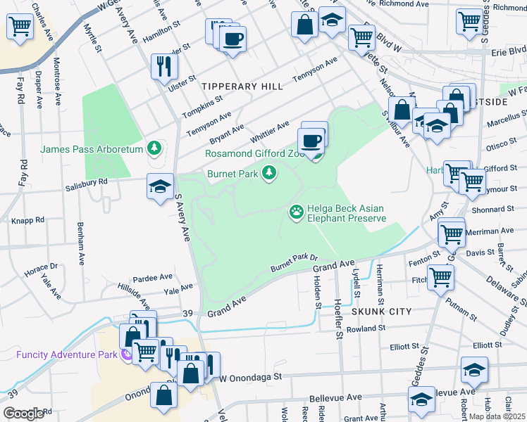 map of restaurants, bars, coffee shops, grocery stores, and more near 599 Burnet Park Drive in Syracuse