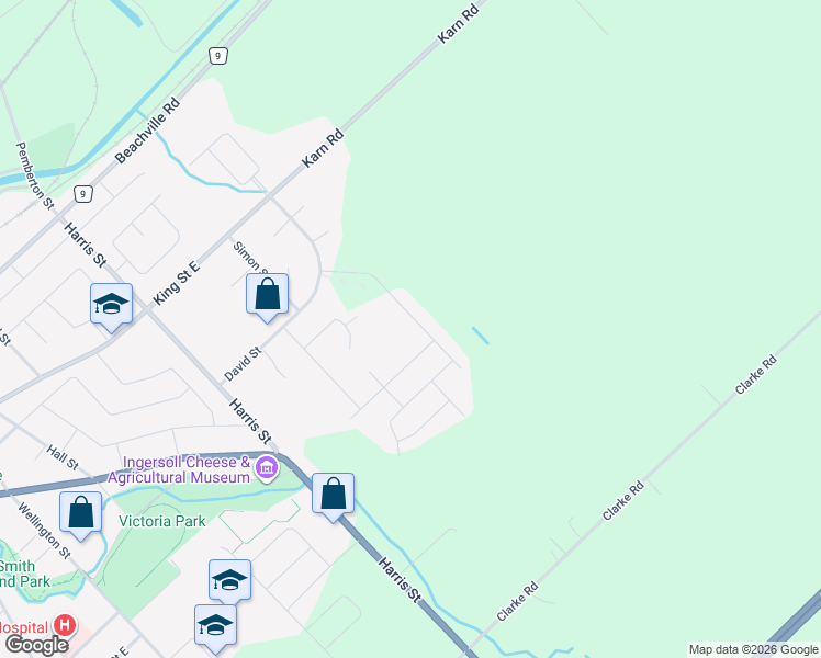 map of restaurants, bars, coffee shops, grocery stores, and more near 93 Walker Road in Ingersoll