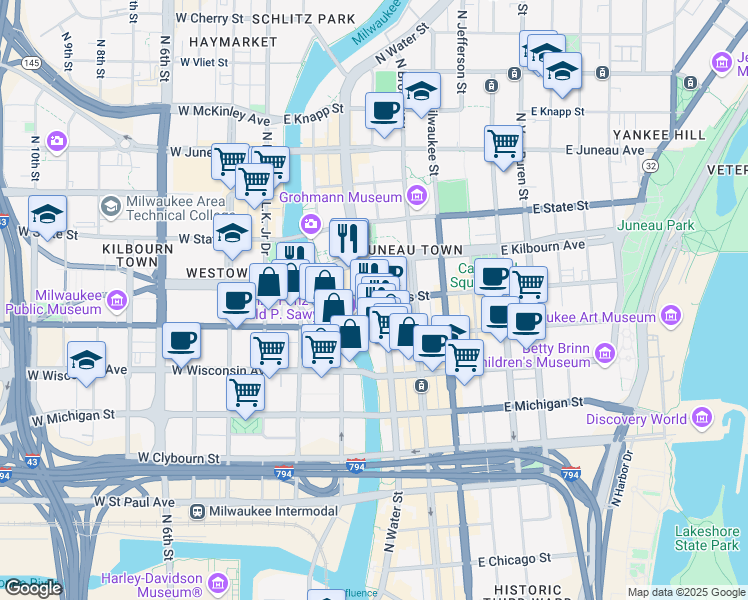 map of restaurants, bars, coffee shops, grocery stores, and more near North Water Street & East Wells Street in Milwaukee