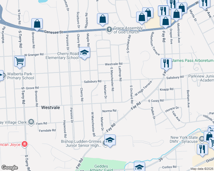 map of restaurants, bars, coffee shops, grocery stores, and more near 103 Marian Dr in Syracuse
