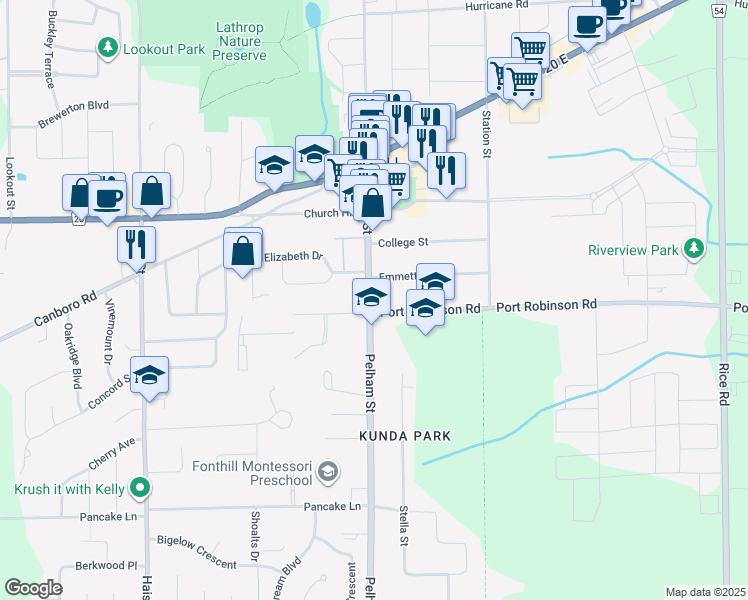 map of restaurants, bars, coffee shops, grocery stores, and more near 1341 Pelham Street in Pelham