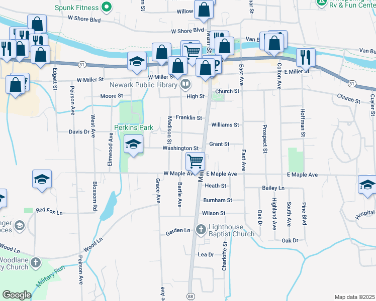 map of restaurants, bars, coffee shops, grocery stores, and more near 114 Washington Street in Newark