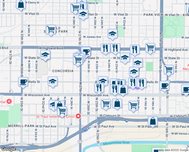 map of restaurants, bars, coffee shops, grocery stores, and more near 833 North 25th Street in Milwaukee