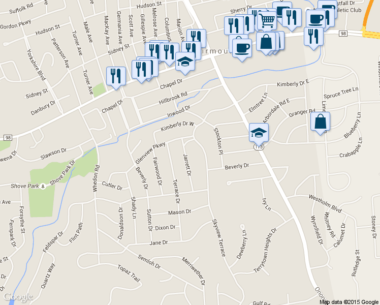 map of restaurants, bars, coffee shops, grocery stores, and more near 107 Jarrett Drive in Syracuse