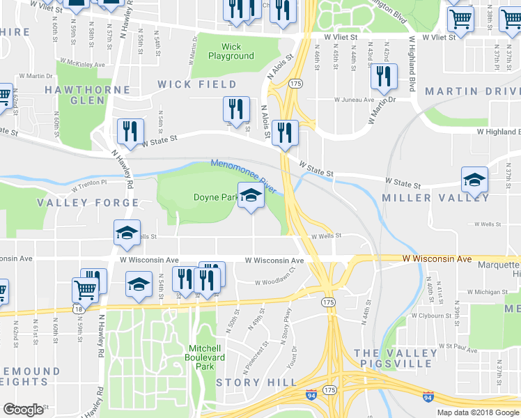 map of restaurants, bars, coffee shops, grocery stores, and more near 920 North 49th Street in Milwaukee