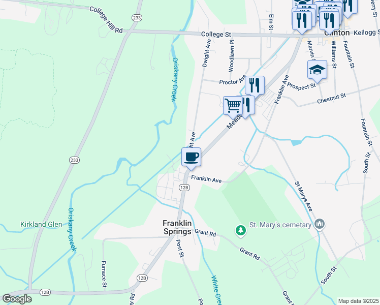map of restaurants, bars, coffee shops, grocery stores, and more near 2 Old Plank Road in Clinton