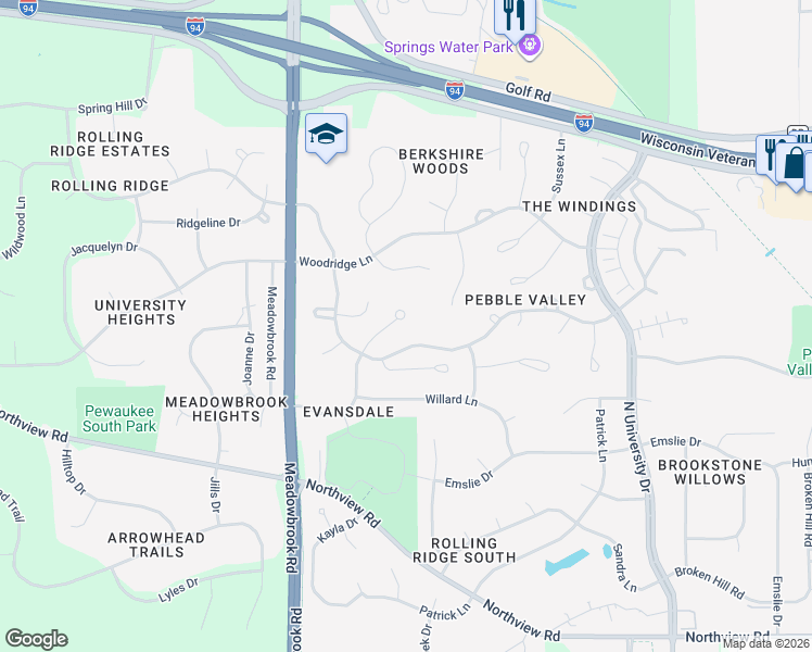 map of restaurants, bars, coffee shops, grocery stores, and more near 2725 Lancaster Drive in Waukesha