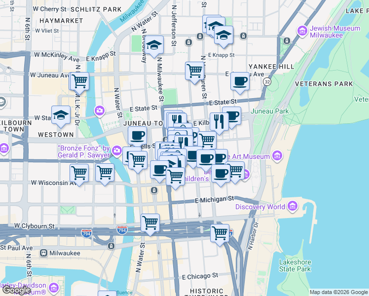 map of restaurants, bars, coffee shops, grocery stores, and more near 775 North Jackson Street in Milwaukee