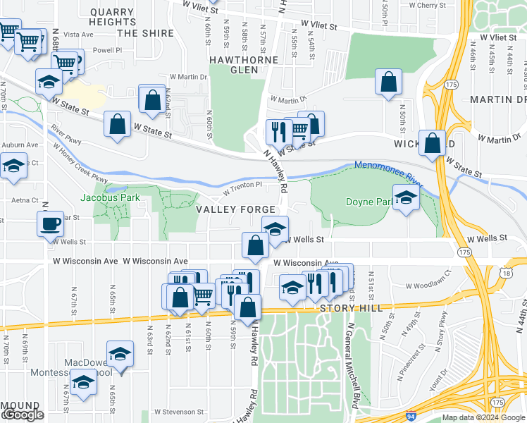 map of restaurants, bars, coffee shops, grocery stores, and more near 5645 West Valley Forge Drive in Milwaukee