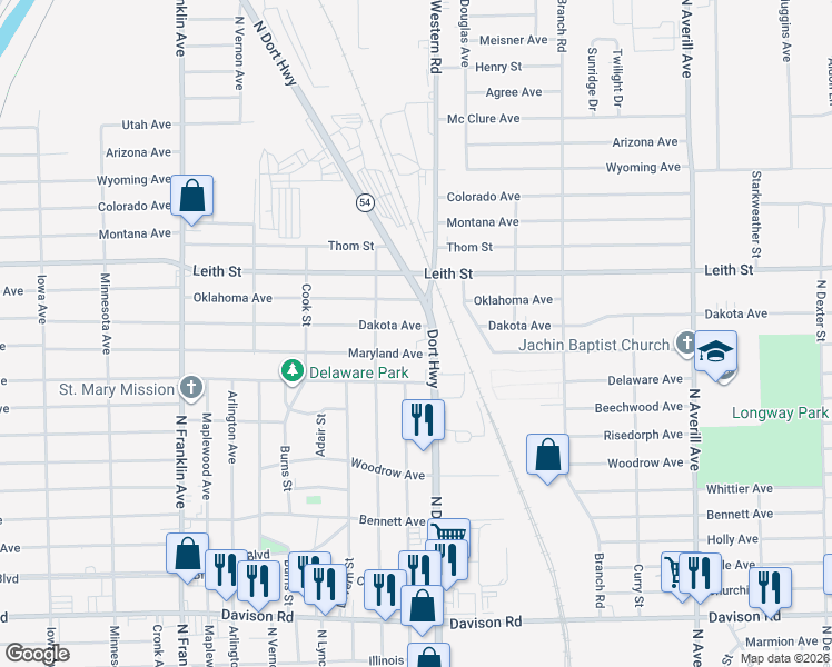 map of restaurants, bars, coffee shops, grocery stores, and more near 2702 Dakota Avenue in Flint