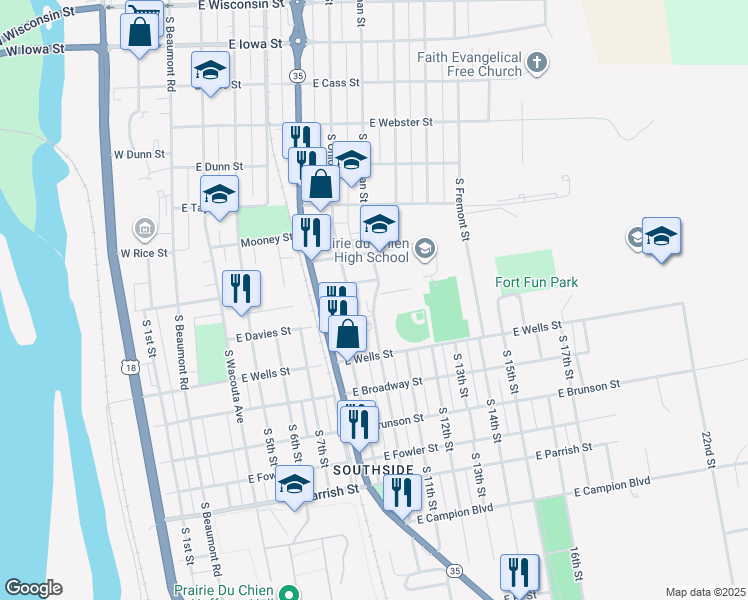map of restaurants, bars, coffee shops, grocery stores, and more near 809 South Dousman Street in Prairie du Chien