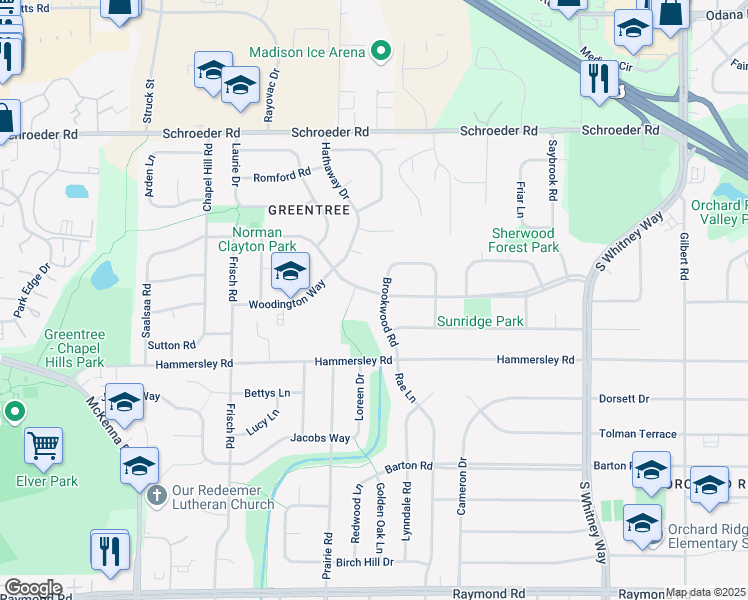 map of restaurants, bars, coffee shops, grocery stores, and more near 1202 Brookwood Road in Madison