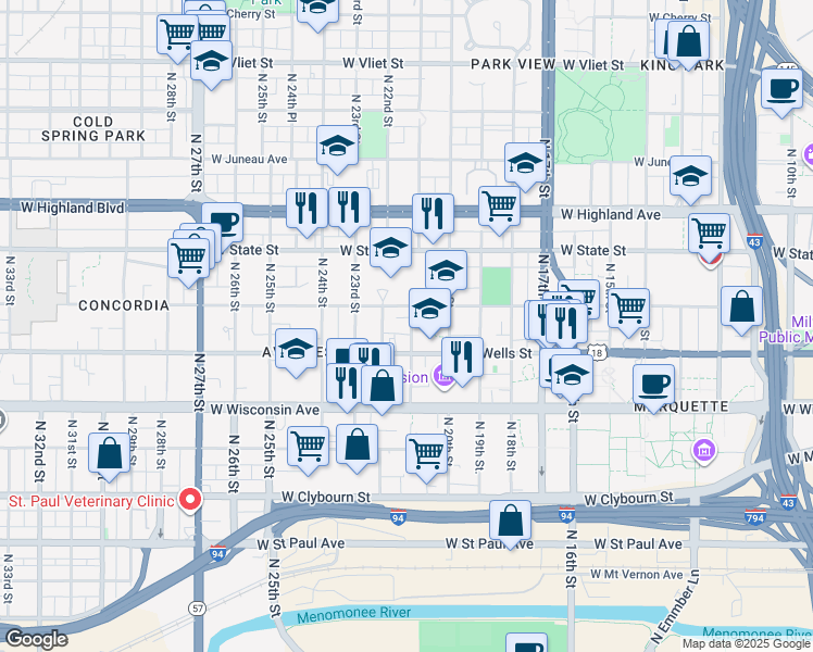 map of restaurants, bars, coffee shops, grocery stores, and more near 833 North 21st Street in Milwaukee