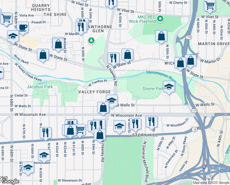 map of restaurants, bars, coffee shops, grocery stores, and more near 833 North Hawley Road in Milwaukee