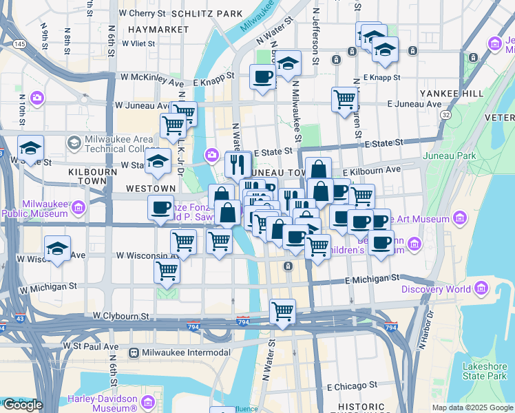 map of restaurants, bars, coffee shops, grocery stores, and more near in Milwaukee