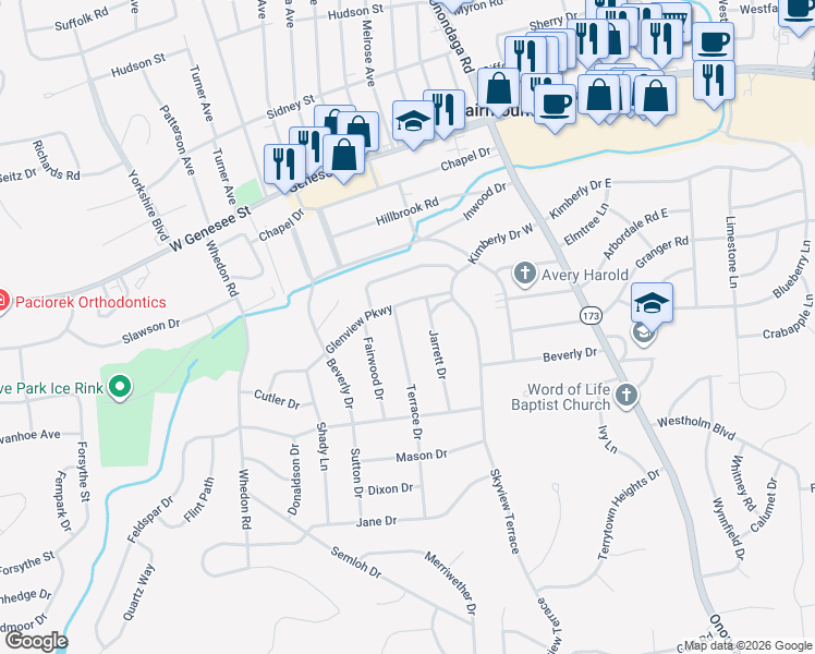 map of restaurants, bars, coffee shops, grocery stores, and more near 105 Terrace Drive in Syracuse