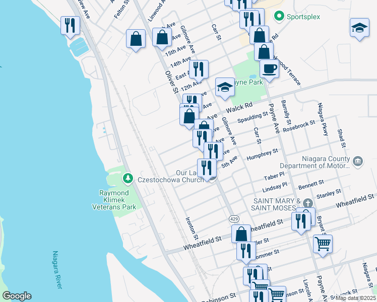 map of restaurants, bars, coffee shops, grocery stores, and more near 62 7th Avenue in North Tonawanda