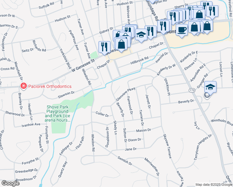 map of restaurants, bars, coffee shops, grocery stores, and more near 100 Diane Terrace in Syracuse