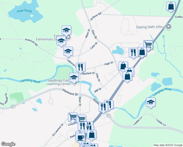 map of restaurants, bars, coffee shops, grocery stores, and more near 19 Bartlett Street in Epping