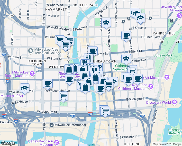 map of restaurants, bars, coffee shops, grocery stores, and more near 164 U.S. 18 in Milwaukee