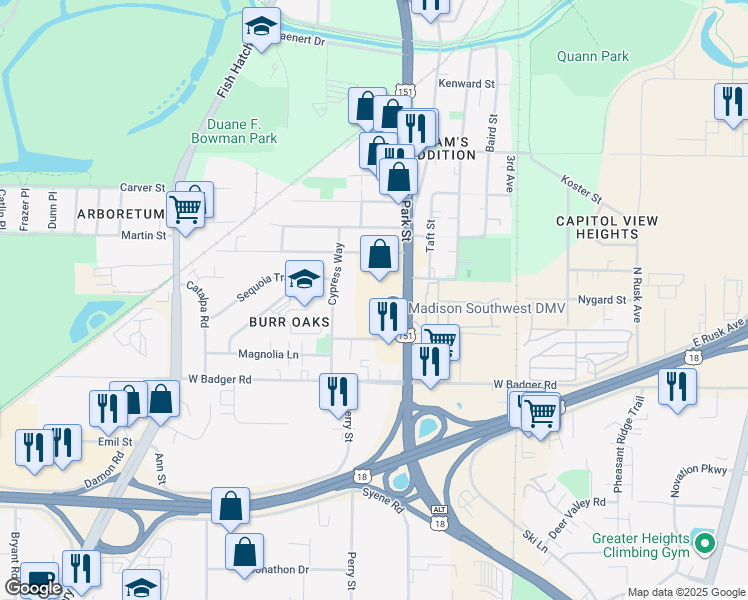 map of restaurants, bars, coffee shops, grocery stores, and more near 2312 South Park Street in Madison