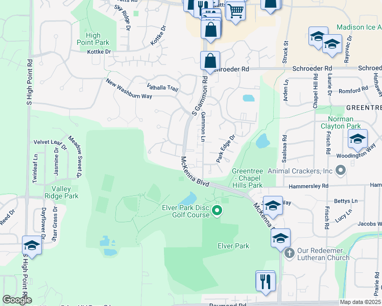 map of restaurants, bars, coffee shops, grocery stores, and more near 1109 McKenna Boulevard in Madison