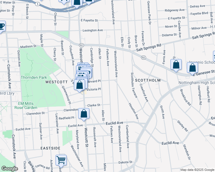 map of restaurants, bars, coffee shops, grocery stores, and more near 216 Fellows Avenue in Syracuse