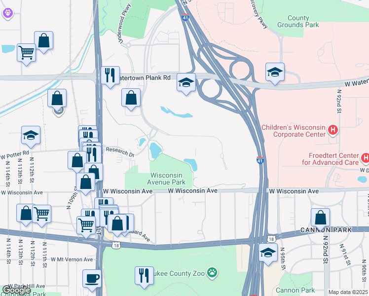 map of restaurants, bars, coffee shops, grocery stores, and more near 10201 West Innovation Drive in Wauwatosa
