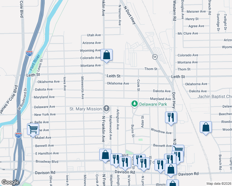 map of restaurants, bars, coffee shops, grocery stores, and more near 2006 Dakota Avenue in Flint