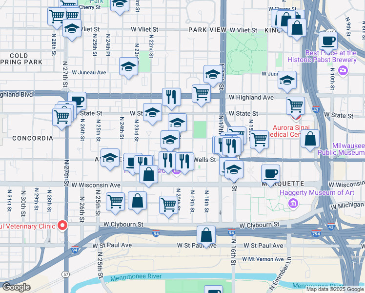 map of restaurants, bars, coffee shops, grocery stores, and more near 836 North 20th Street in Milwaukee