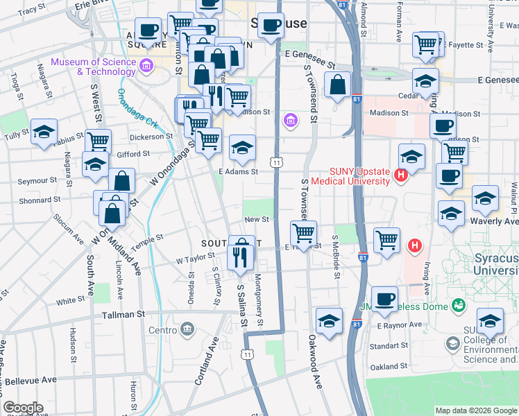 map of restaurants, bars, coffee shops, grocery stores, and more near 201 New Street in Syracuse