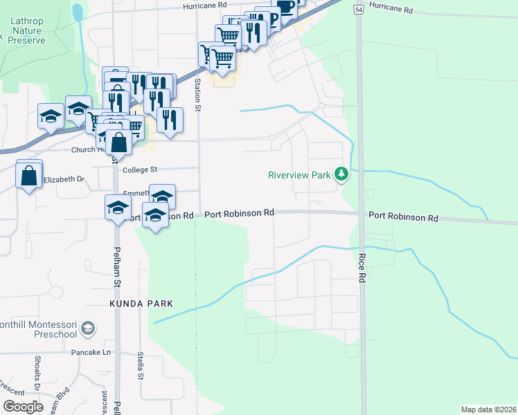 map of restaurants, bars, coffee shops, grocery stores, and more near 125 Port Robinson Road in Welland
