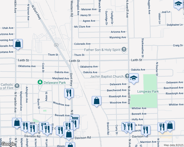 map of restaurants, bars, coffee shops, grocery stores, and more near 3010 Dakota Avenue in Flint