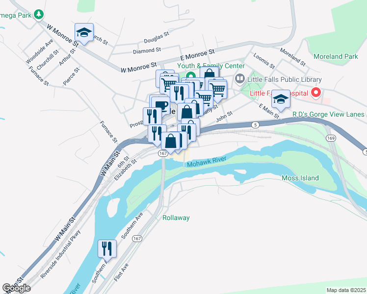 map of restaurants, bars, coffee shops, grocery stores, and more near West Mill Street in Little Falls