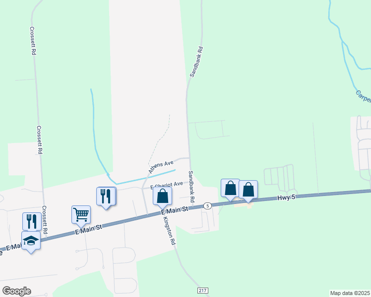 map of restaurants, bars, coffee shops, grocery stores, and more near 303 Sandbank Road in Elbridge
