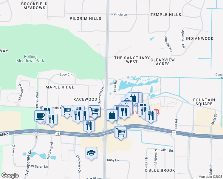 map of restaurants, bars, coffee shops, grocery stores, and more near 845 Lake Road in Brookfield