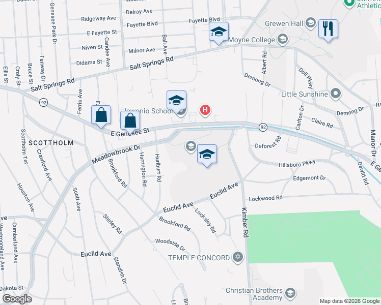map of restaurants, bars, coffee shops, grocery stores, and more near 3100 E Genesee St in Syracuse