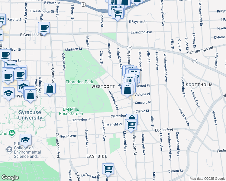 map of restaurants, bars, coffee shops, grocery stores, and more near 253 Greenwood Place in Syracuse