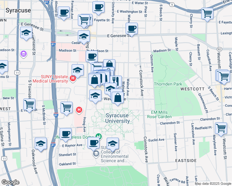 map of restaurants, bars, coffee shops, grocery stores, and more near 801 University Avenue in Syracuse