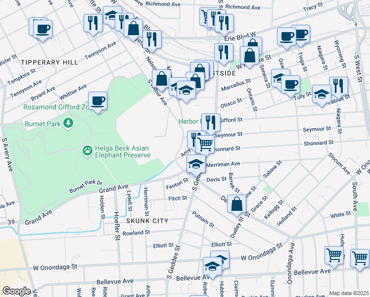 map of restaurants, bars, coffee shops, grocery stores, and more near 833 South Wilbur Avenue in Syracuse